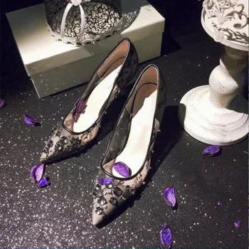 Air Mesh Pump Shoes 2017 Spring and Summer New Lace Gem Pumps Sexy Pointed Toe Party Shoes Woman High-heeled Work Zapatos Mujer