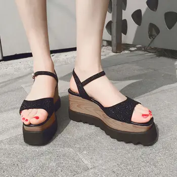 2017 Casual Cow leather upper pigskin liner women high wedges heel sandals lady wood pattern platform square toe summer shoes