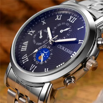 OUKESHI Brand Men Business Dress Watch Silver Stainless Steel Casual Waterproof Quartz Wristwatch Blue Male Relogio Masculino