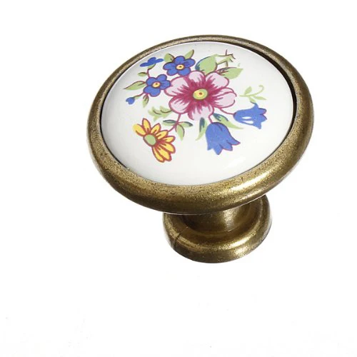 Vintage Ceramic antique brass cabinet knob drawer pulls flower print porcelain Cupboard Wardrobe Dresser pull Handle Pull