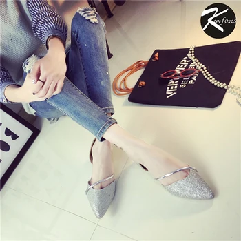 Spring Autumn Women's Shoes Loafers Kimfoxes Glitter Bling Surface Shallow Flats Ladies' Wedding Shoes Women Sandals 35-39