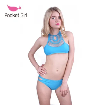Pocket Girl 2017 Sexy Crochet Top Brazilian Biquini Women Retro High Neck Bikini Set Handmade Trikini Swimsuit Cut Out Swimwear