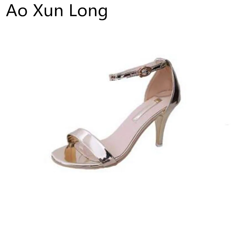 Ao Xun Long Summer New Fashion Women Sandals High-heeled Sexy Open Toe 6CM Sandals Party Dress Girl Black Gold Size 39 sandalias