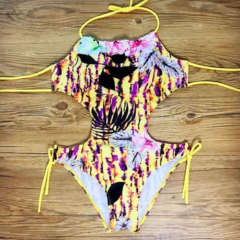 2017 Women One Pieces Print Yellow Color Tree Leaf Swimwear Sexy Halter Monokini Backless Bathing suit Gradual Change Swimsuit