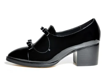 Elegant Girls Vintage Double Bow Block Leather Shoes Patent Cowhide Fashion Sweet 5cm Low Heels for Women Comfortable Pumps
