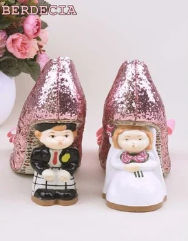 Romantic 3D cartoon doll bride groom heel pumps pink sequins leather shoes lovely big bowknot comfortable pumps wedding shoes