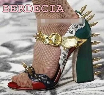 Spiked Mixed Color Chaussure Femme Rivets Sandals Luxury Designer Ankle Wrap open toe Chunky High Heel Shoes Woman Sandals