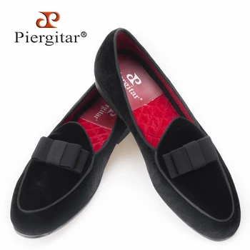 Piergitar Handmade Men velvet shoes with short Tongue and Bowtie Men party and wedding dress shoes Banquet loafers