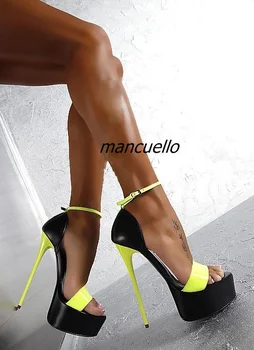Fashion Show Color Matched PU Leather Platform Heels Buckle Style Open Toe Stiletto Heel Dress Sandals Super High HeelStageSHoes