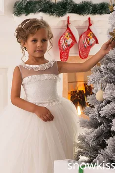 Sheer Lace Crystals French Alencon Lace Ball Gown long pretty Flower Girl Dress For Wedding Party the holy first communion gown