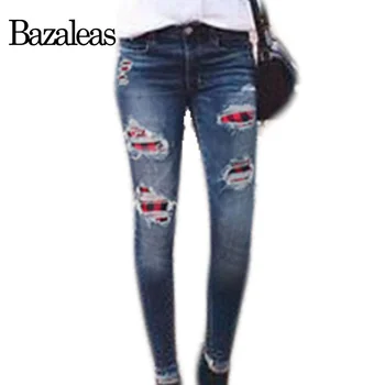 Bazaleas 2017 summer holes fashion washed jeans destroyed skinny zipper cool denim jeans Blue ripped pants