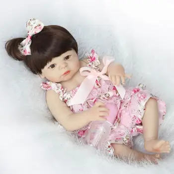 22 inch 57 cm Silicone baby reborn dolls, lifelike doll reborn babies toys for girl princess gift Beautiful pink floral skirt