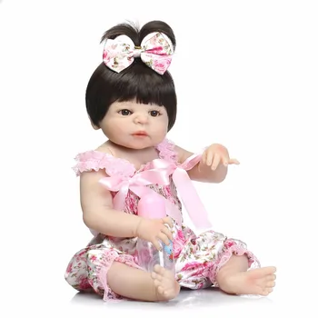 22 inch 57 cm Silicone baby reborn dolls, lifelike doll reborn babies toys for girl princess gift Beautiful pink floral skirt