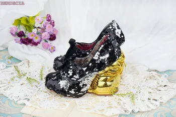 Unique design paillette round toe pumps shallow cut lace up shoes golden rabbit shape heel waterproof high heel lovely pumps