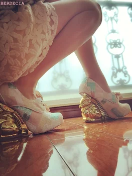 Unique design paillette round toe pumps shallow cut lace up shoes golden rabbit shape heel waterproof high heel lovely pumps