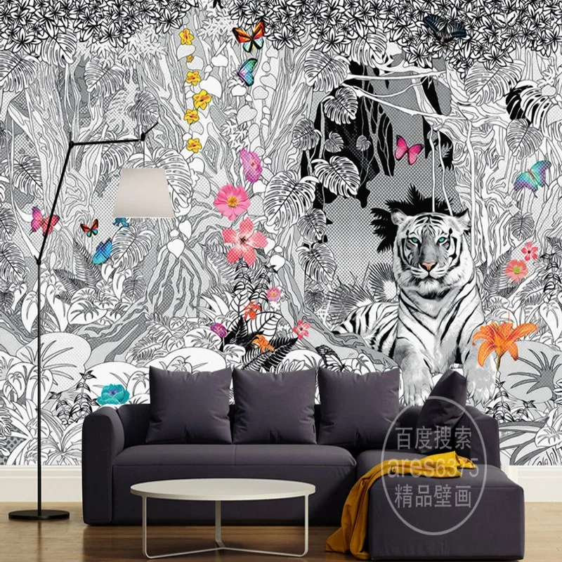 European-style rain forest retro hand-painted pattern bedroom tea house decoration butterfly tiger retro wallpaper