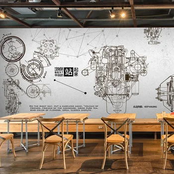 Automotive machinery spare parts sketch mural Bar Cafe restaurant background industrial wind wallpaper mural