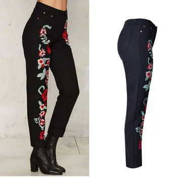 2017 New Women's Vintage Embroider Flowers Trousers Sexy Ripped Pencil Stretch Denim Pants Female Slim Skinny High Waist Jeans
