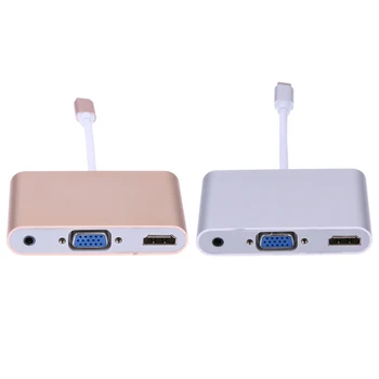 3 in 1 USB 3.1 Connector, Type C to HDMI+VGA+3.5mm Audio Female Adapter for Macbook Laptop Google New Chromebook Gold/Silver
