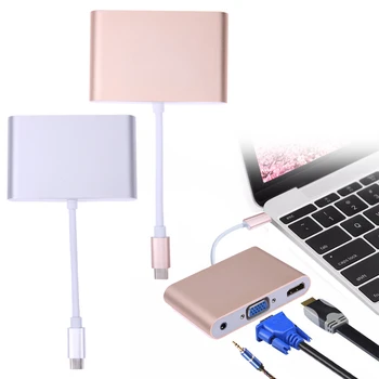 3 in 1 USB 3.1 Connector, Type C to HDMI+VGA+3.5mm Audio Female Adapter for Macbook Laptop Google New Chromebook Gold/Silver