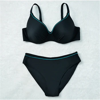 Fat Wear Plus Size Big Cup Bikini Set Black Solid Swimsuit Push Up Swimwear New Beach Bathing Suit Women Ladies 2017