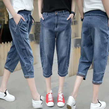 2017 summer blue vintage distressed jeans women high waisted pencil jeans ladies roll hem capri jeans cropped denim trousers
