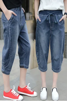 2017 summer blue vintage distressed jeans women high waisted pencil jeans ladies roll hem capri jeans cropped denim trousers