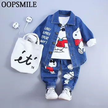 2017 Spring Baby Boys Clothing set 3PCS Suit Cartoon shirt+Denim Coat+Jeans 1th Birthday Baby Boy Clothes Suits roupas de bebe