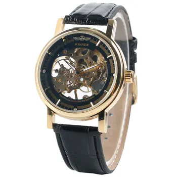 Fashion Mechanical Hand Winding Wristwatch Skeleton Genuine Leather Strap Modern Men Watches Elegant Sport Business Relogio Gift