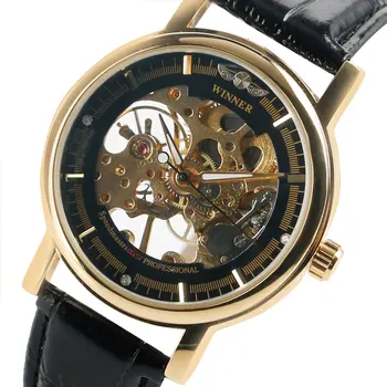 Fashion Mechanical Hand Winding Wristwatch Skeleton Genuine Leather Strap Modern Men Watches Elegant Sport Business Relogio Gift