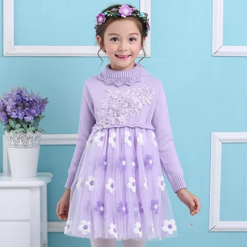 2017 New Spring Sweet Princess Long Sleeves Dresses Pink Purple Color Girls Children Cute Nice Cotton Dresses For Birthday Gift