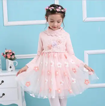 2017 New Spring Sweet Princess Long Sleeves Dresses Pink Purple Color Girls Children Cute Nice Cotton Dresses For Birthday Gift
