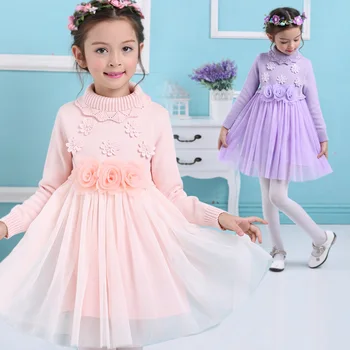 New 2017Spring Autumn Girl Princess Sweater Dress Knitted Cute Pink Baby Dress Kids Knee-Length Dress For Infant Girl dress