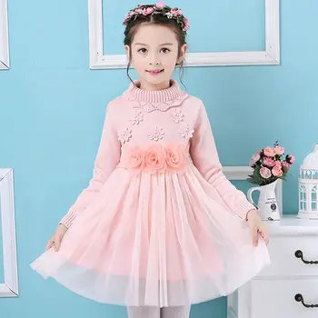 New 2017Spring Autumn Girl Princess Sweater Dress Knitted Cute Pink Baby Dress Kids Knee-Length Dress For Infant Girl dress