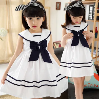 Children's Garment Girl Summer Children Short Sleeve Princess Navy School Wind Dress Kids Clothing White Cotton Bow