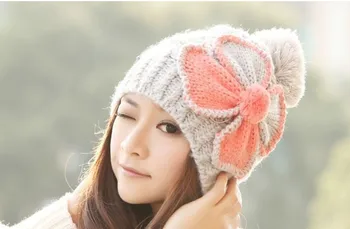 Women cute hats ladies' winter flower warm knit wool caps autumn winter hat hit color braided ear warm MZ0209