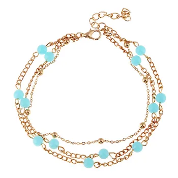 Western Fashion Anklet Turquoise Beads Alloy Chain Women Anklets Three Layers Barefoot Chain XHSF01