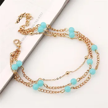 Western Fashion Anklet Turquoise Beads Alloy Chain Women Anklets Three Layers Barefoot Chain XHSF01