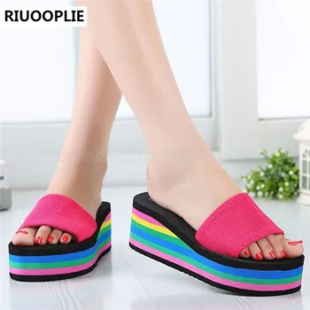 RIUOOPLIE Women's Casual Flip Flops Beach Sandals Fashion Rainbow High Platform Slippers