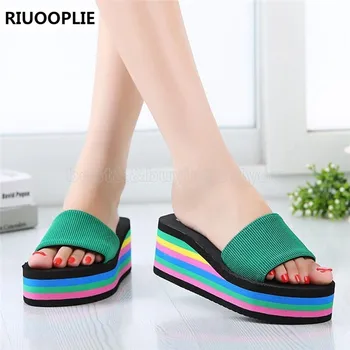 RIUOOPLIE Women's Casual Flip Flops Beach Sandals Fashion Rainbow High Platform Slippers