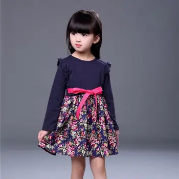 Fashion Princess Girl Flower Pattern Print Dress Full Sleeve with Sashes Cute Baby Girls Dress