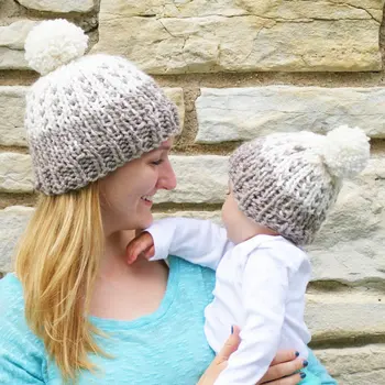 1 Pair Warm Winter Mom&Newborn Baby Boy Girl Beanie Hats Crochet Knit Cup Baby Kids Hats Crochet Knit Hairball Beanie Cup