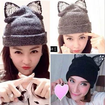 2017 NEW Autumn and winter fashion brand knitting Warm cat wool hat beanie skullie with gems lace evil ear accessories