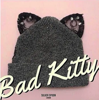 2017 NEW Autumn and winter fashion brand knitting Warm cat wool hat beanie skullie with gems lace evil ear accessories