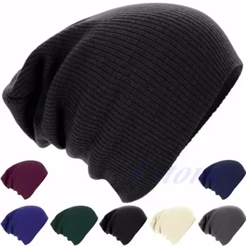 1PCS Men Women Solid Color Striped Knit Cap Crochet Warm Oversize Slouchy Beanie Hat Hip-Hop Cap Stripe Skull