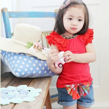 Newest 2 Colors Girls Kids Ruffled Sleeves T-shirt Bow-knot Jeans Pants 1-6Y 2 PCS Set Outfits
