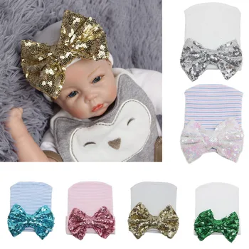 Trendy Infant Girls Baby Stripe Sequined Bowknot Beanie Hat Cotton Knit Hospital Cap Comfort