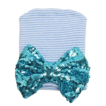 Trendy Infant Girls Baby Stripe Sequined Bowknot Beanie Hat Cotton Knit Hospital Cap Comfort