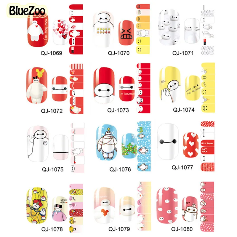 BlueZoo 12 Sheets/set Cartoon Stickers For Nail Full Cover Baymax Nail Art Sticker Patch Beauty Foils Decals Polish Gel Manicure