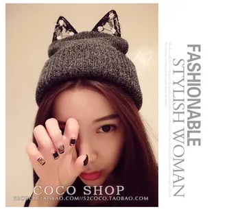 Kesebi 2017 New Hot Fashion Women Korean with Lace Diamond Lovely Cat Ears Knitted Caps Hats Female Casual Skullies Beanies